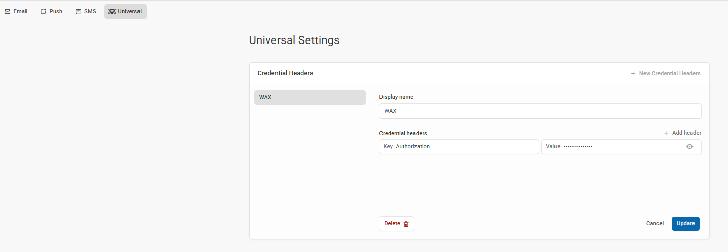 Add the information in the Universal channel settings